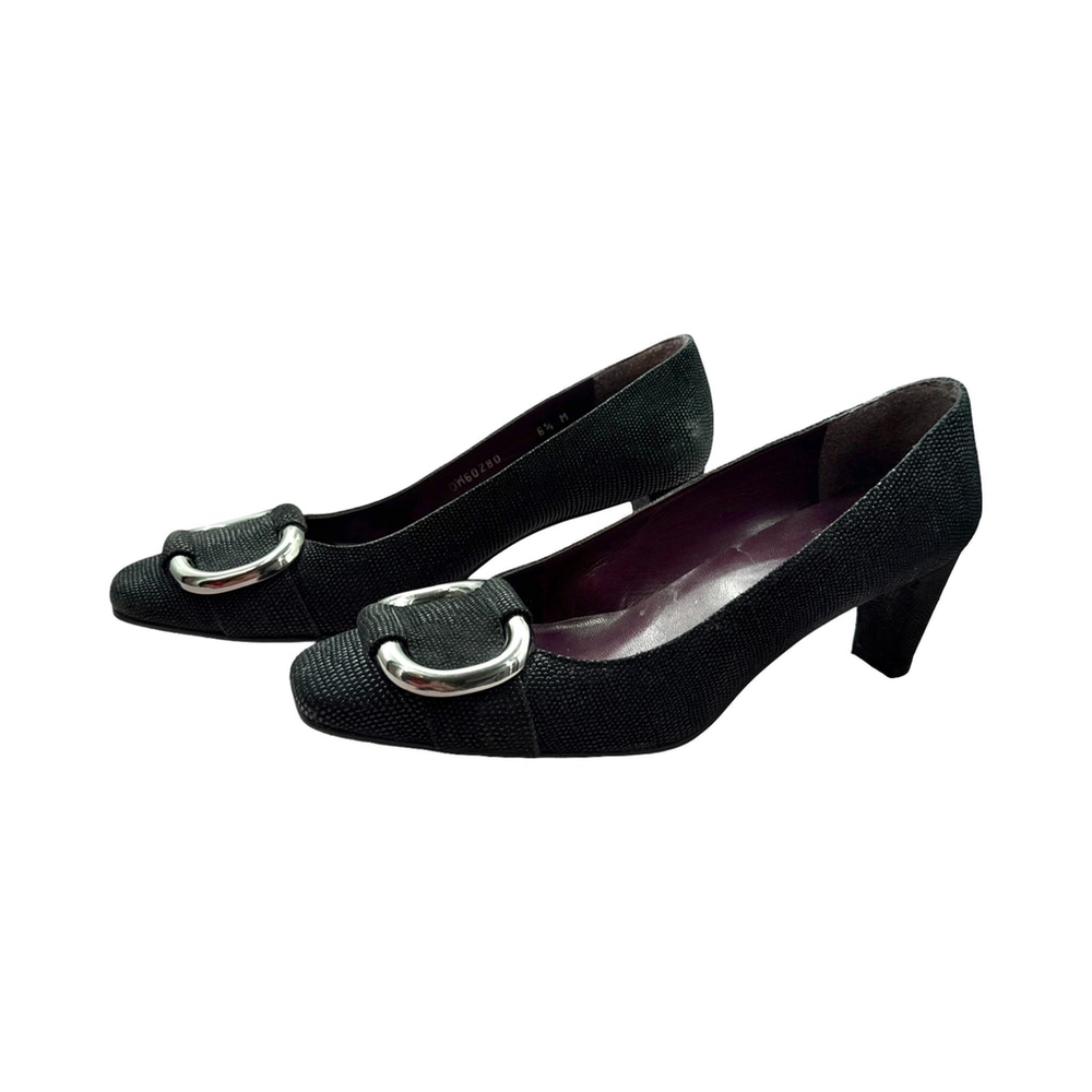 Stuart Weitzman Women's Pumps Size 6.5M Black Textured Fabric Silver Buckle Heel